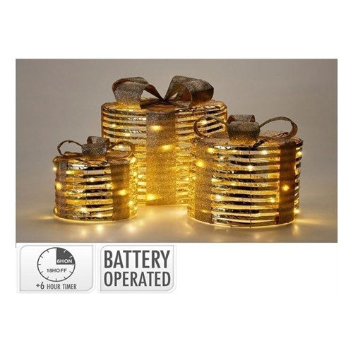 3 piece round gold gift box set warm white micro LED battery operated