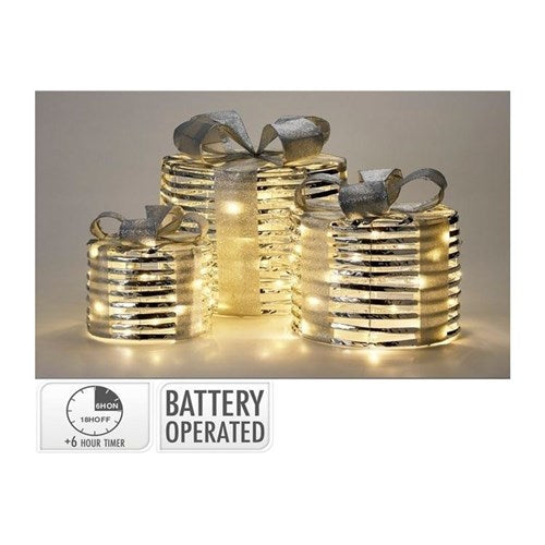 3 piece round silver gift box set with warm white micro LEDs