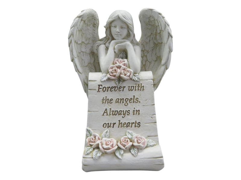 Kneeling angel figurine with roses and text