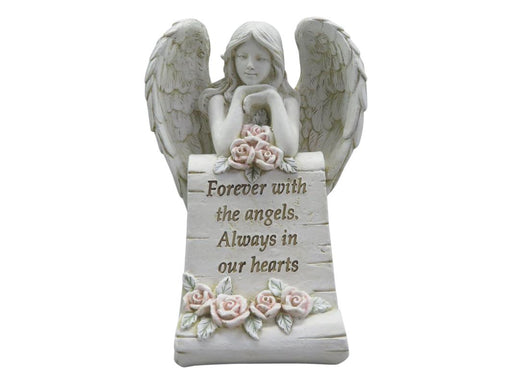 Kneeling angel figurine with roses and text