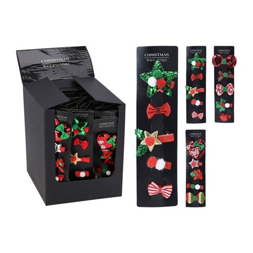 Three sets of five festive hair clips in assorted designs