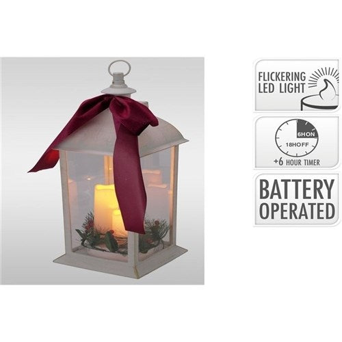 49cm white LED lantern with three candles and decoration