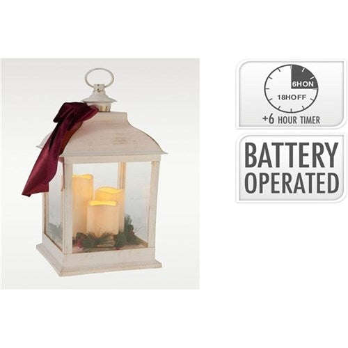 60cm white LED lantern with three candles and decorative details