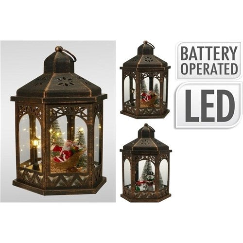 32cm black LED Christmas scene lantern warm white assorted design