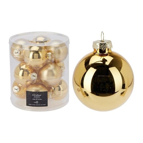 Twelve 60 mm gold glass baubles with glossy clarity