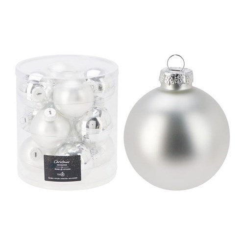 Twelve 60 mm silver glass baubles with reflective shine
