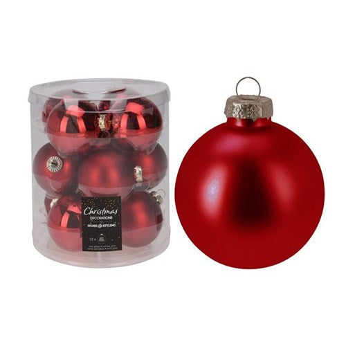 Twelve 60 mm red glass baubles with smooth finish