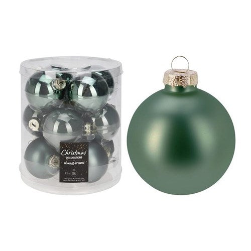 Twelve 60 mm green glass baubles with glossy sheen