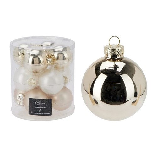 Twelve 60 mm champagne glass baubles, assorted finishes