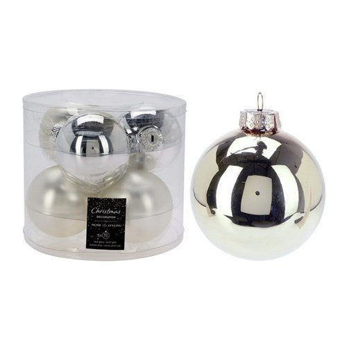 Six 80 mm silver colored glass baubles