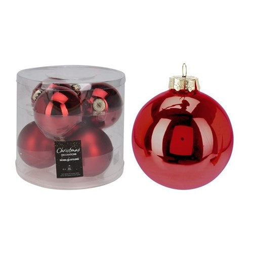 Six 80 mm red glass baubles