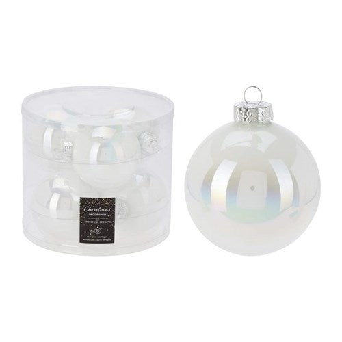Six 80 mm pearl white glass baubles