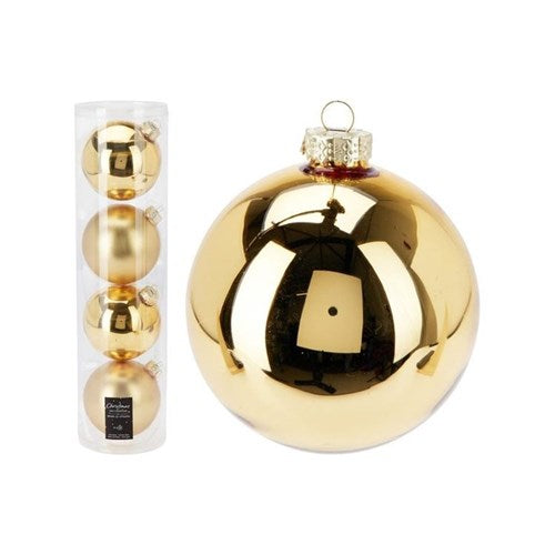 Four 10 cm gold glass baubles with glossy clarity