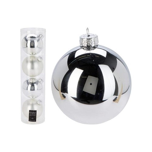 Four 10 cm silver glass baubles with mirror like shine