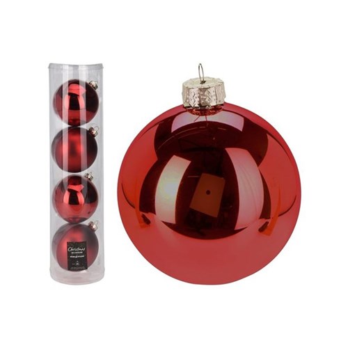 Four 10 cm red glass baubles