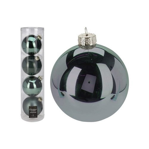 Four 10 cm green glass baubles