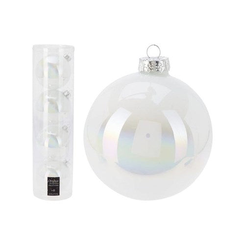 Four 10 cm pearl white glass baubles