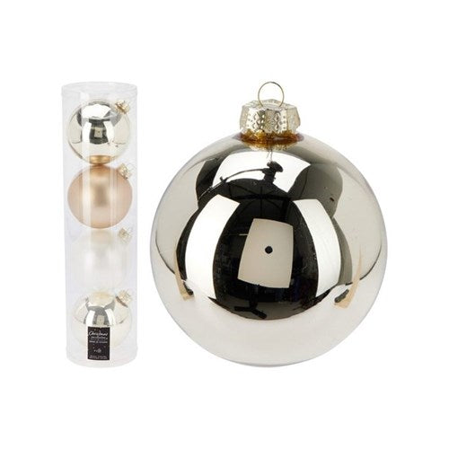 Four 10 cm champagne glass baubles, assorted finishes