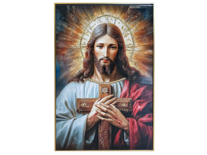 Jesus holding cross framed religious canvas