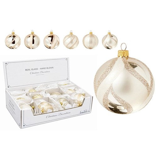 premium ivory glass Christmas bauble 80mm assorted