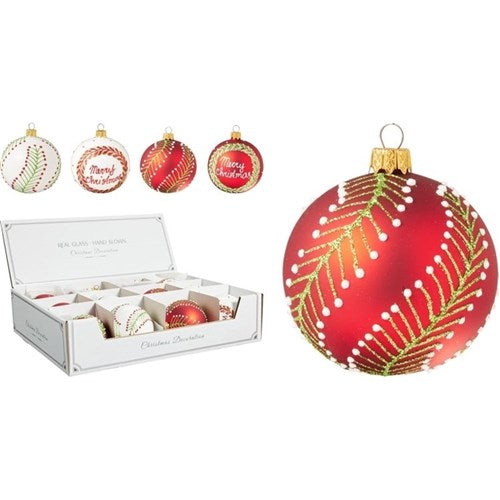 premium glass Christmas bauble 80mm four assorted designs