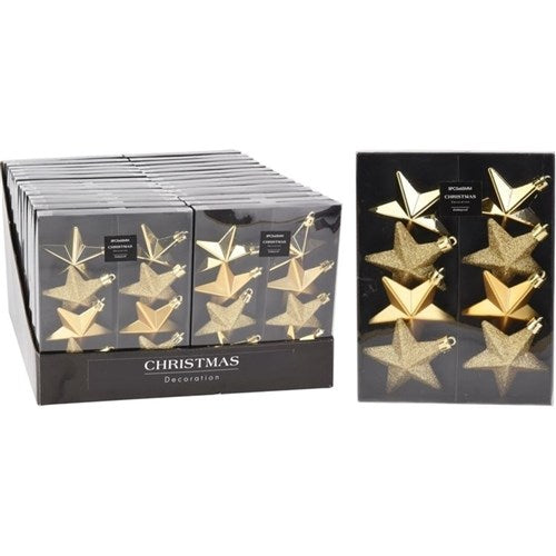 gold hanging Christmas stars 65mm set of eight assorted designs