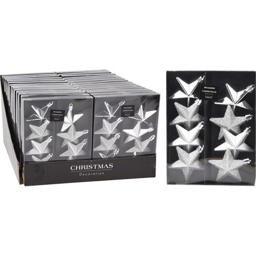 silver hanging Christmas stars 65mm set of eight assorted designs