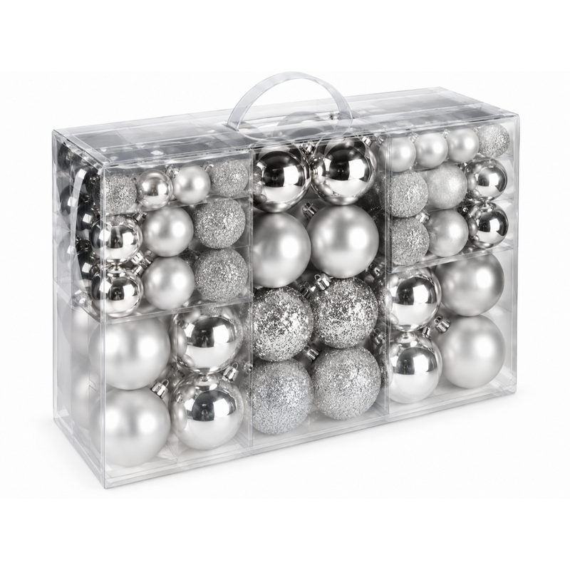 A set of 100 silver Christmas ornaments in various sizes, including matte, glossy, and glitter finishes, packaged in a clear plastic storage box with a carrying handle.