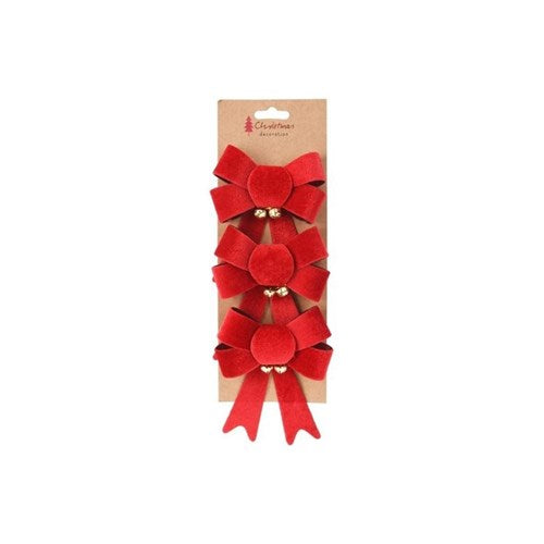 Three 13 cm ribbon bows with jingling bells for gifts and décor
