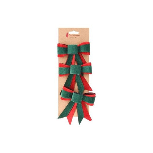 Three 11 cm red and green ribbon bows for small gifts