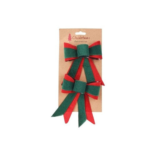Two 14 cm green and red ribbon bows