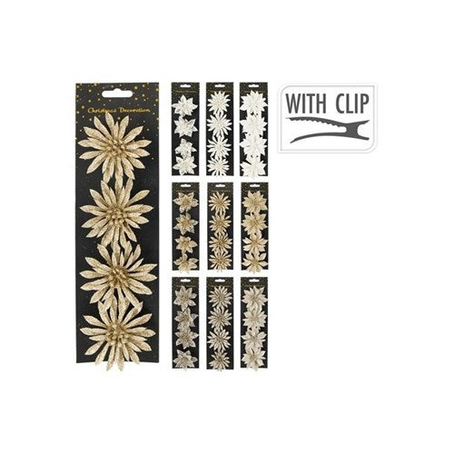 glitter flower on clip Christmas decoration set four
