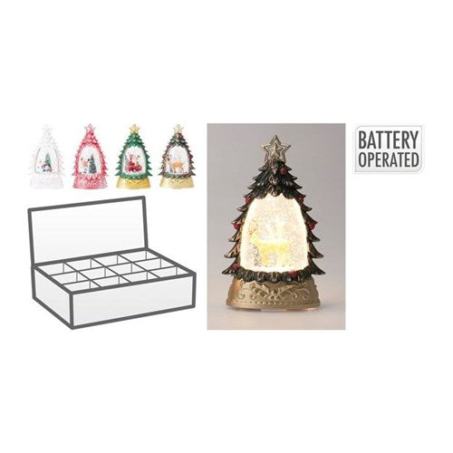 Four assorted acrylic LED trees with decorations