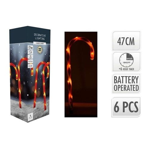6 pack 47cm warm white battery candy cane lights IP44