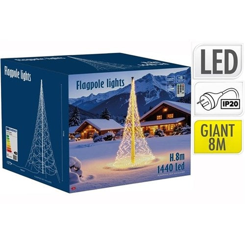 8m flagpole Christmas light with 1440 warm white LEDs 8 functions