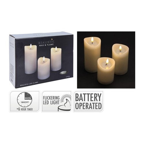 Set of three ivory LED candles, battery powered