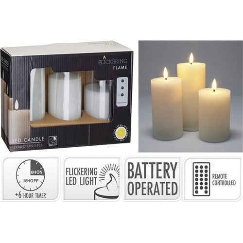 white LED wax candle set 3 piece with remote control battery operated