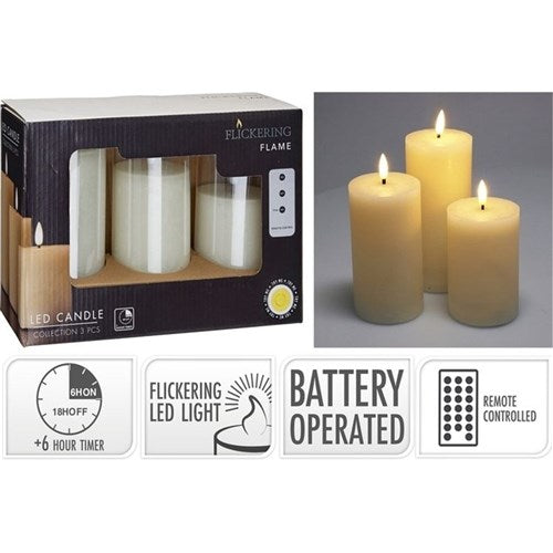 ivory LED wax candle set 3 piece remote control battery operated