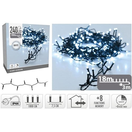240 LED white fairy lights 18m with 8 functions memory and timer