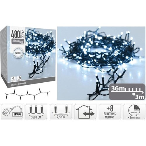 480 LED white fairy lights 36m with 8 functions memory and timer