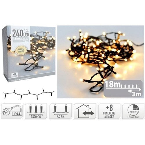 240 LED warm white fairy lights 18m with timer and memory