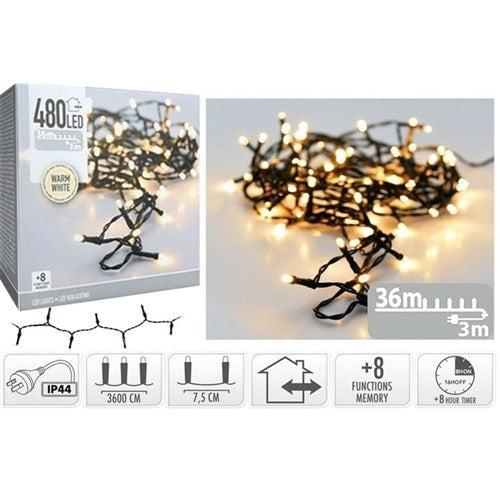 480 LED warm white fairy lights 36m with memory timer