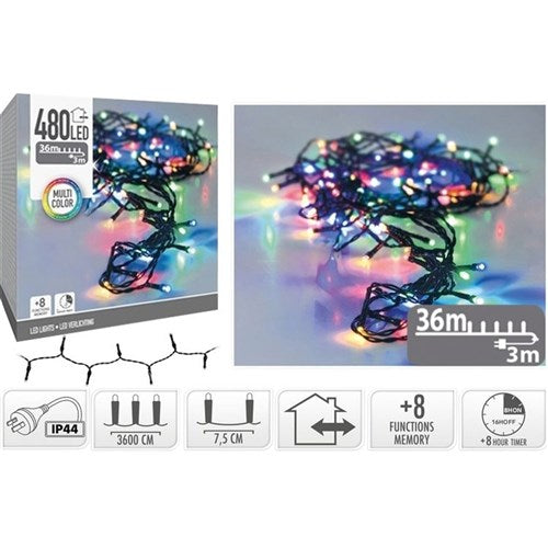 480 LED multicolour fairy lights 36m with memory timer