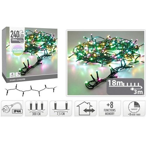 240 LED Macron fairy lights 18m with 8 functions memory timer