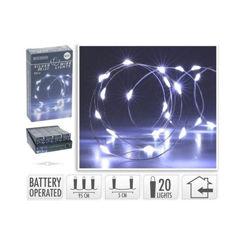95 cm silver wire with 20 white LEDs, battery powered