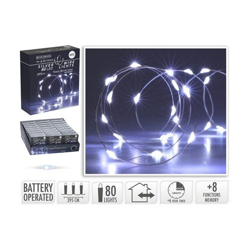 3.95 m IP44 silver wire, 80 white LEDs