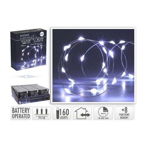 7.95 m IP44 silver wire, 160 white LEDs