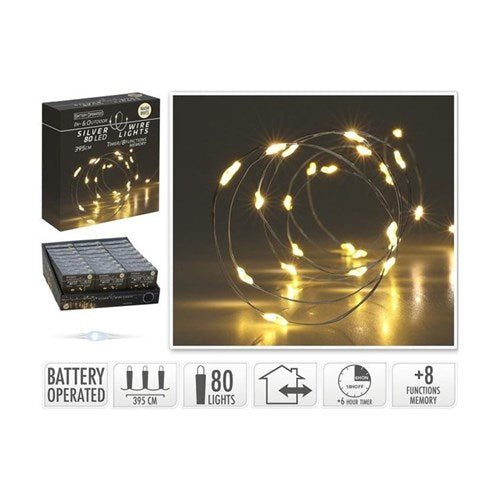 3.95 m IP44 silver wire, 80 warm white LEDs