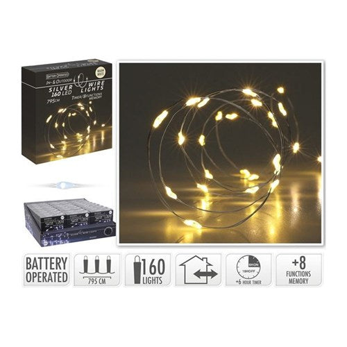 7.95 m IP44 silver wire, 160 warm white LEDs