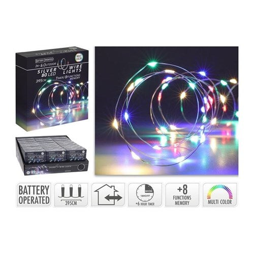 3.95 m IP44 silver wire, 80 multicolor LEDs
